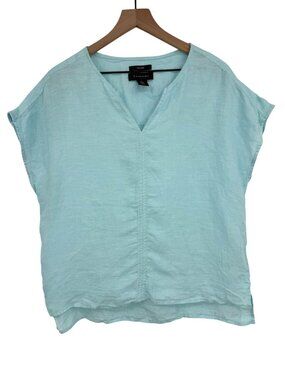Tahari Linen Popover Blouse Women’s Large Aqua Blue Cap Sleeve V-Neck Lightweigh